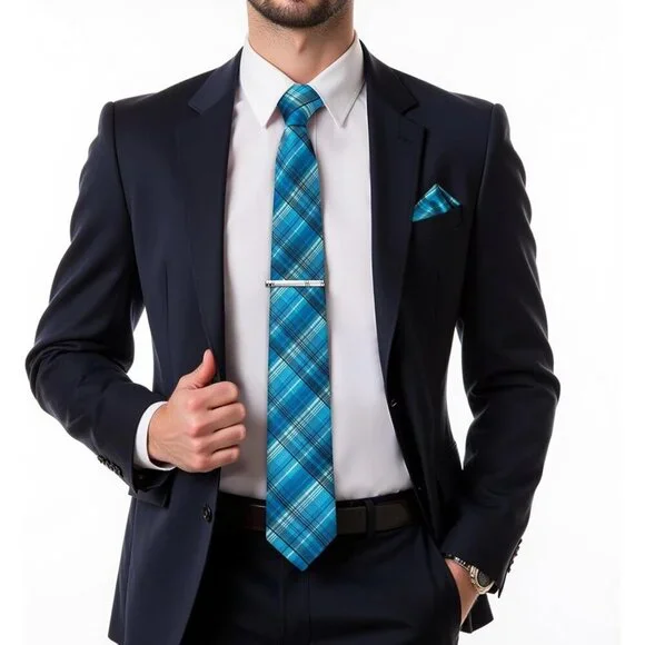 🆕Men Blue Plaid Silk Checkered Necktie Pocket Square Cufflinks Tie Clip Set